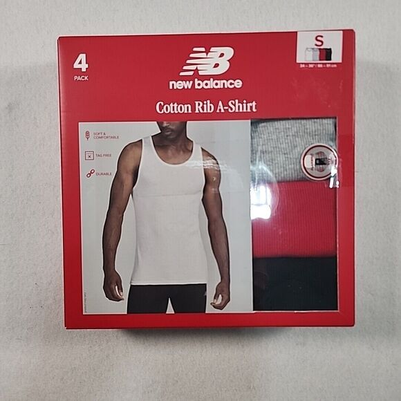 NEW BALANCE Men's Cotton Rib A Shirt Tank Top Size S 4 Pack White Black Gray Red - Picture 1 of 5